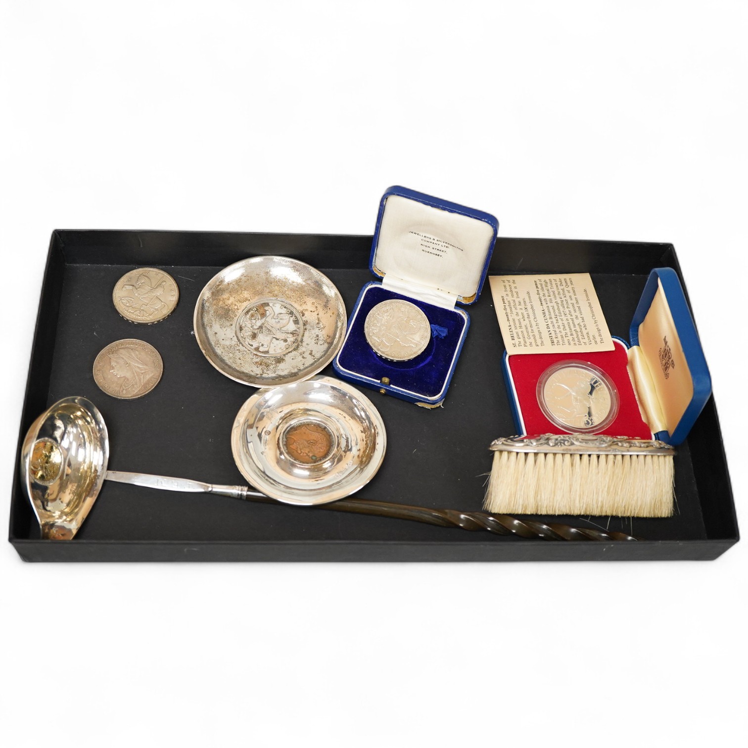Four crowns together with other silver to include pin dishes, toddy ladle and a brush
